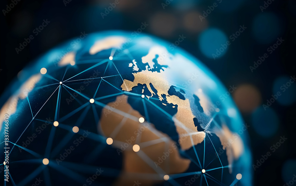 Poster a digital globe connected by a network of lines, symbolizing global connectivity and technology adva