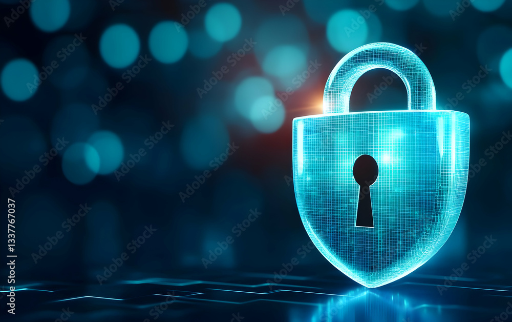 Poster a digital padlock with a glowing design, symbolizing cybersecurity and data protection in the modern