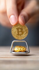 Fototapeta premium A hand holding a Bitcoin coin above a gold nugget symbolizing investment.