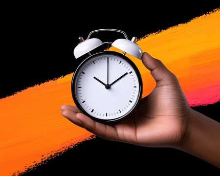 A hand holding a classic alarm clock against a colorful backdrop representing time.