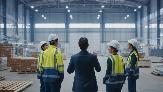 Industrial workers in safety gear receiving instructions during a factory floor inspection, overseeing production process.