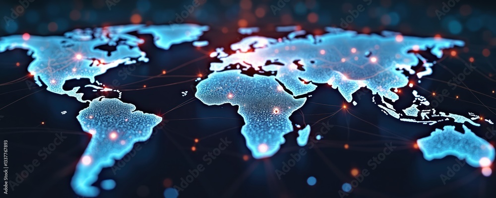 Poster world map with glowing interconnected nodes global cybersecurity, encrypted communication. data node