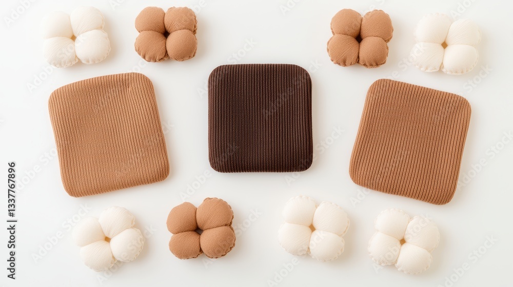 Poster a flat lay of textured coasters in various colors, surrounded by soft pom-pom shapes, showcasing min