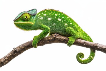Fototapeta premium Vibrant green chameleon perched on a branch against a white background.