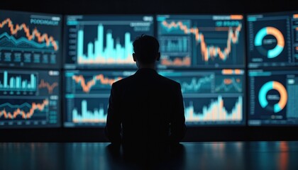 Silhouette of person analyzing financial data on multiple digital screens. Screens display fluctuating graphs, charts, reflecting market trends. Financial analysis, monitoring, investment, economy,