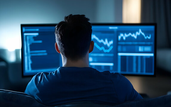 A focused individual analyzing data on dual monitors in a dimly lit room, showcasing modern work dynamics and technology.