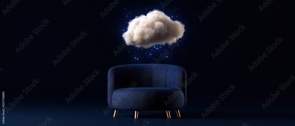 Poster a modern sofa with a cloud hovering above, creating a dreamy and surreal atmosphere.