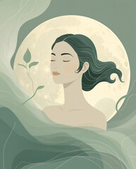 Abstract portrait of a graceful woman with flowing waves and moon elements in soft pastel green artistic serenity Abstract Woman Illustration Flat Design