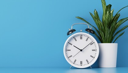A peaceful corner featuring a clock and a vibrant plant against a blue background.