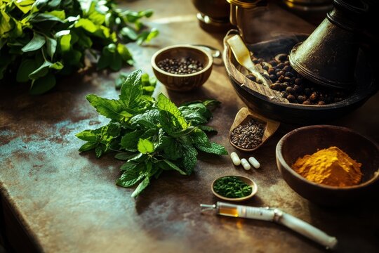 Aromatic herbs and spices on a rustic kitchen table.