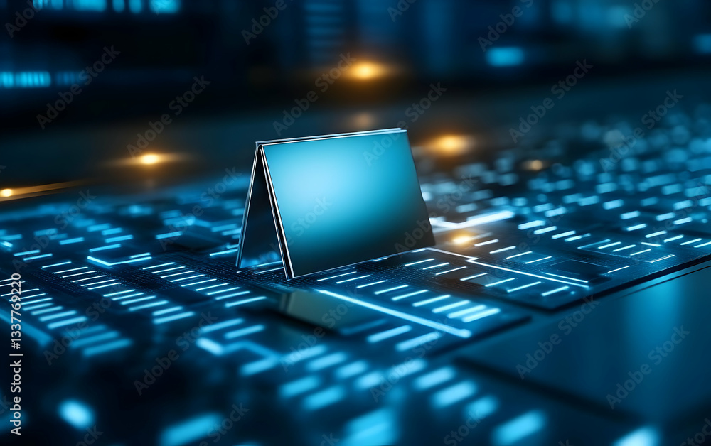 Poster a futuristic digital setup with a glowing keyboard and a sleek display stand, representing innovatio