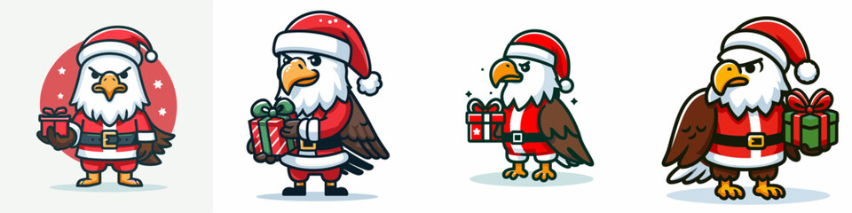 Bald Eagle wearing Santa Claus costumes holding a present a simple vector graphic depicting a majestic winter holiday scene