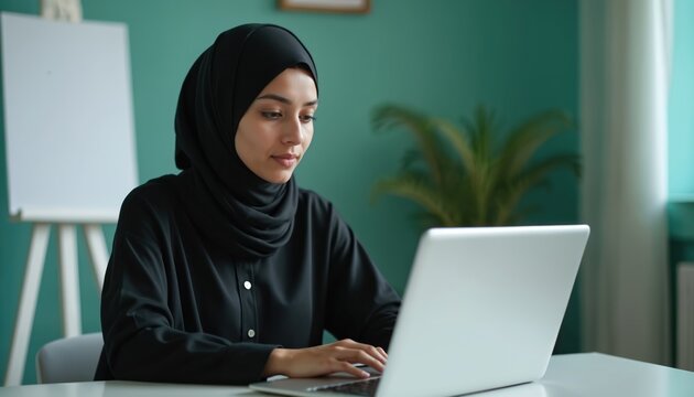 Muslim businesswoman in hijab works at laptop. Islamic Arabian student e-learning, typing online, web browsing. Confident ethnic freelancer studies on computer in network, chats online, e-commerce