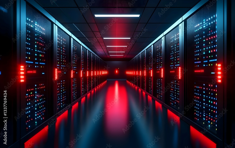Poster a futuristic server room illuminated by red lights, showcasing cutting-edge technology and data proc