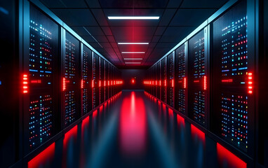 A futuristic server room illuminated by red lights, showcasing cutting-edge technology and data processing capabilities.