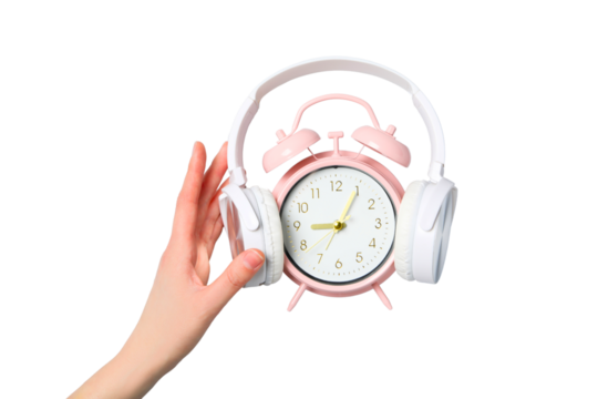 PNG, Alarm o’clock, pink clock with headphones and hand, isolated on white background