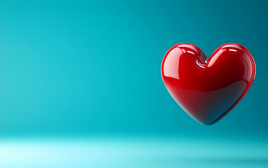 A glossy red heart floating against a serene turquoise background, symbolizing love, hope, and emotional connection.