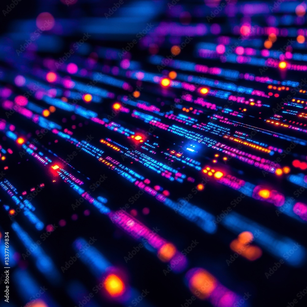 Poster abstract digital background with glowing lines of code in shades of blue, pink, and orange. the line