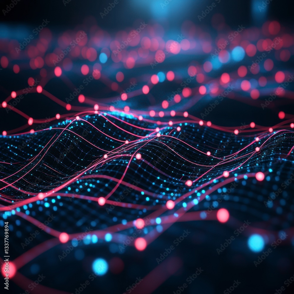 Aufkleber abstract digital landscape with glowing red and blue nodes connected by lines on a dark background. 