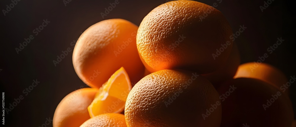 Poster a close up image of a group of fresh ripe oranges with their vibrant orange color and distinctive te