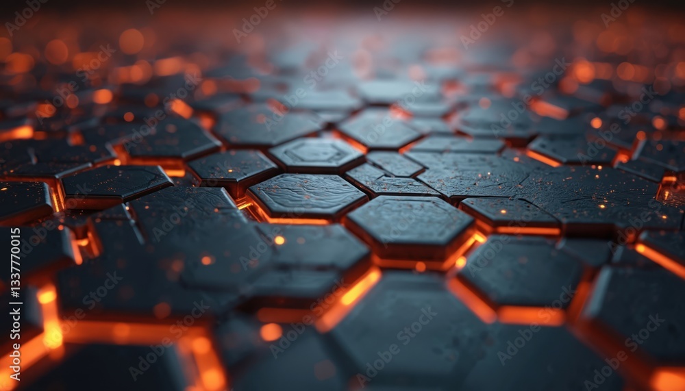 Aufkleber abstract futuristic surface with orange glowing between dark hexagons creating modern tech backdrop.