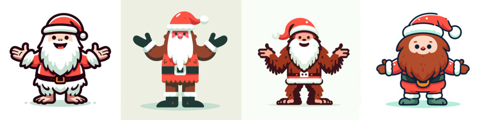 Bigfoot wearing Santa Claus costumes standing with arms open wide in a simple vector doodle illustration