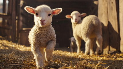 Obraz premium A cute little lamb with fluffy wool in the farmyard