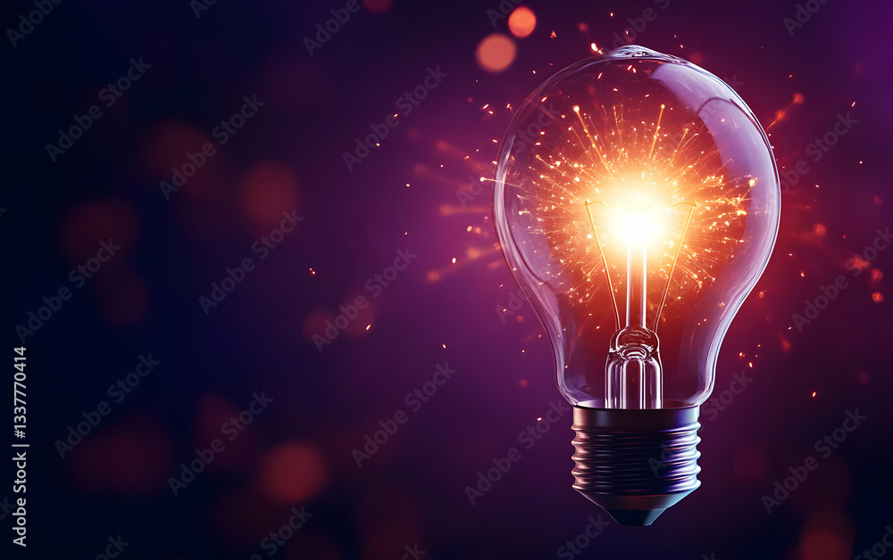 Poster a glowing light bulb with sparks radiating from within, representing creativity and innovation in th