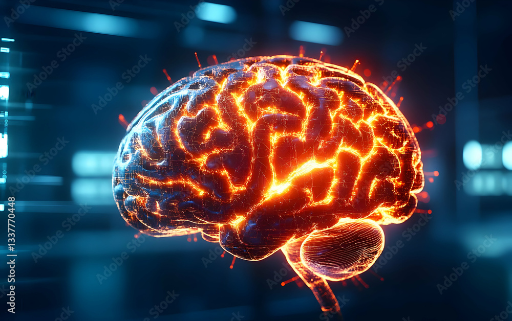 Poster a glowing, detailed representation of the human brain, showcasing neural activity and complexity in 