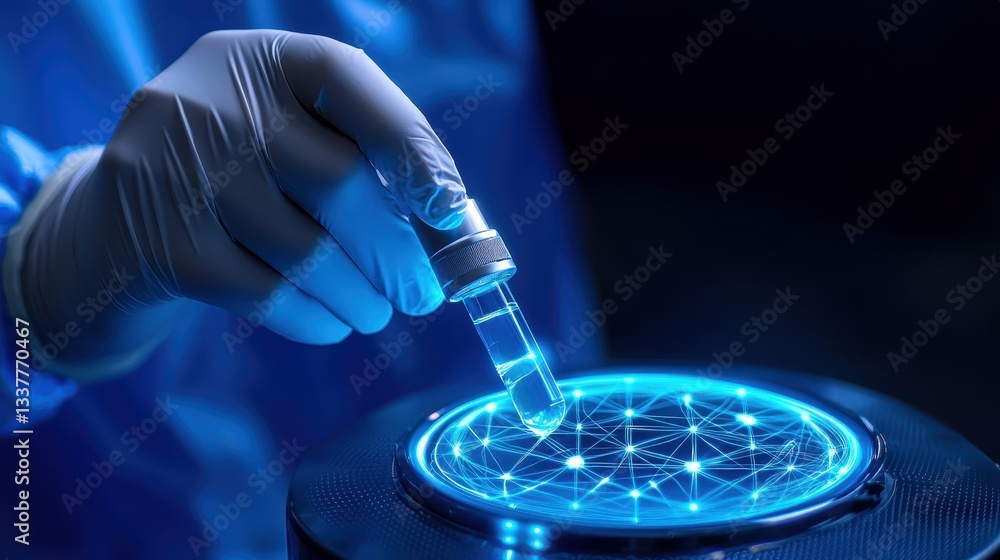 Aufkleber a scientist uses a pipette to extract a liquid sample in a futuristic lab setting.