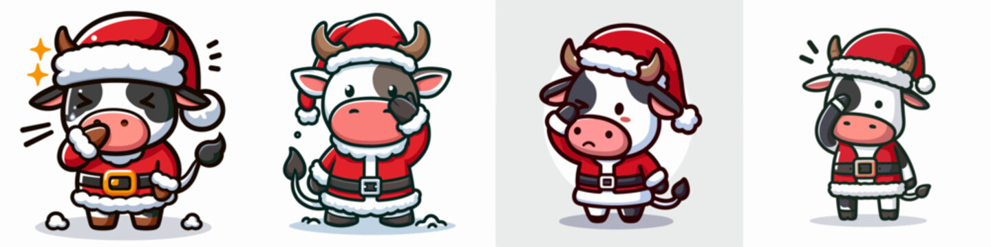 Cow wear Santa Claus costumes facepalm gesture simple vector drawing of a bovine in festive attire expressing dismay.