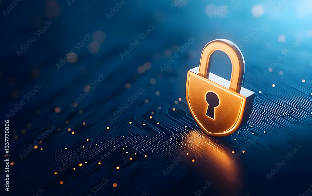 Poster a golden padlock symbol on a digital circuit background, representing cybersecurity and data protect
