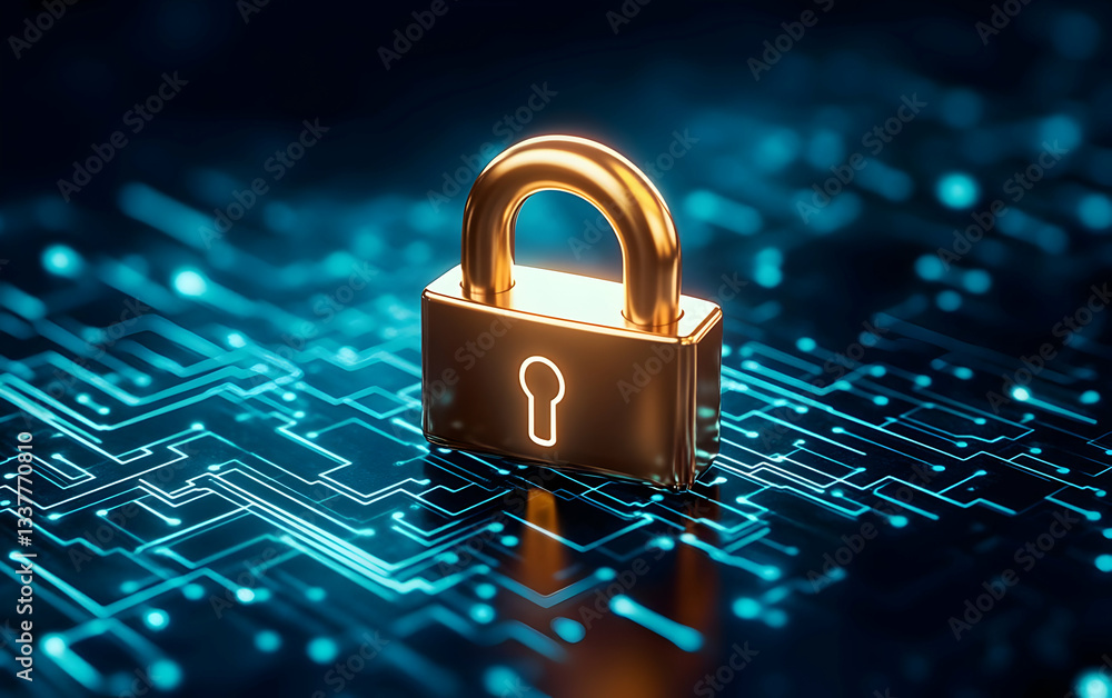 Poster a golden padlock sits on a digital circuit board, representing cybersecurity and data protection in 