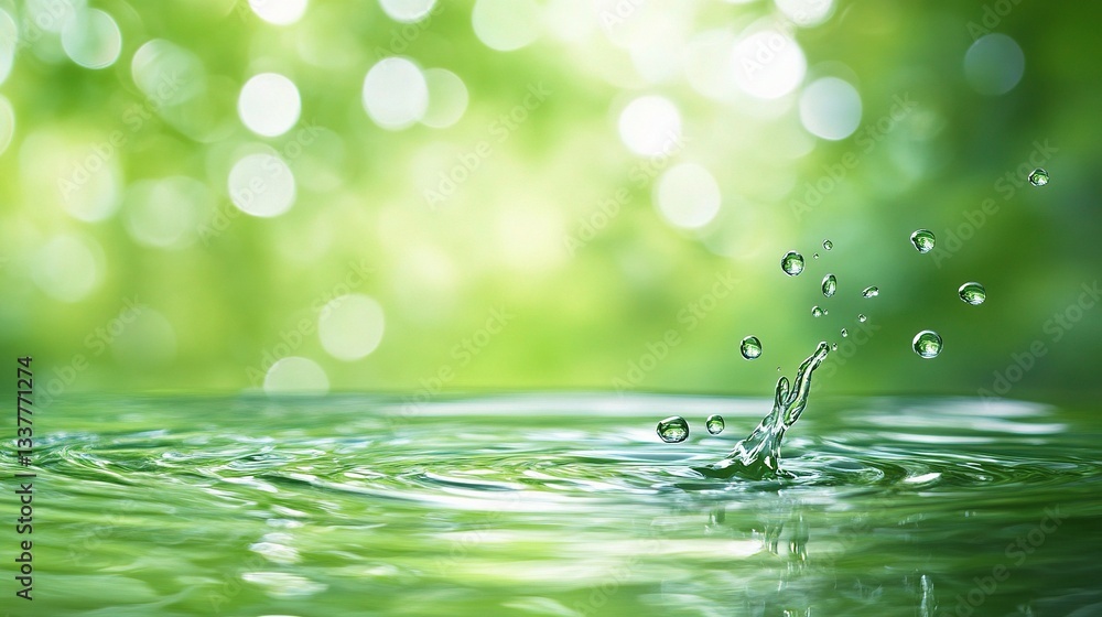 Poster soft green nature background with water splash and bokeh effect