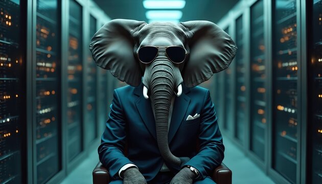 Stylish elephant in modern attire, wearing suit, sunglasses. Animal sits in server room among racks with computer equipment. Concept of big data, data center, IT sphere, cloud service provider.