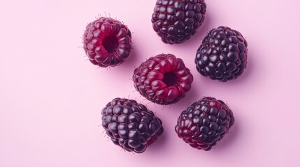 close-up of dark purple raspberries on a isolated pink background