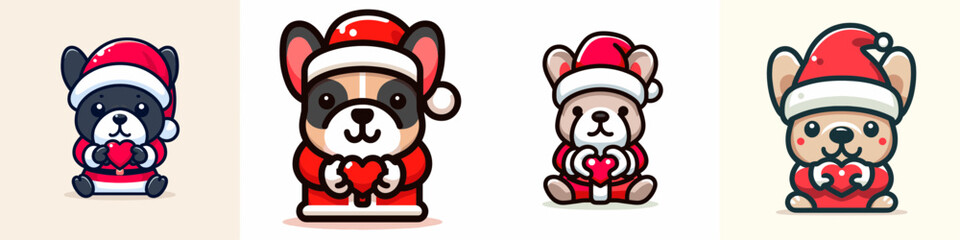 Fototapeta premium French Bulldog wearing a Santa outfit makes a heart with hands a simple vector graphic illustration.