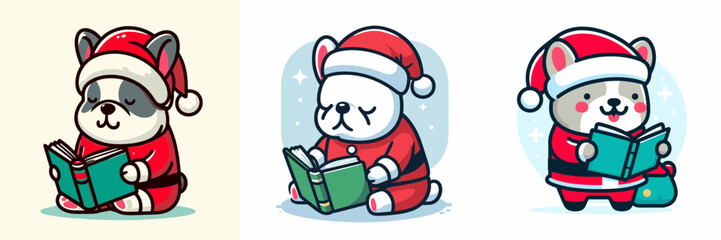 French Bulldog wearing a Santa outfit reads a book a simple vector drawing of festive canine holiday cheer