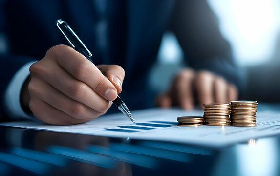 A hand writing on a document with coins stacked beside, representing financial planning and investment strategies.