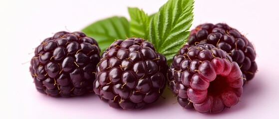 close-up of dark purple raspberries on a isolated pink background