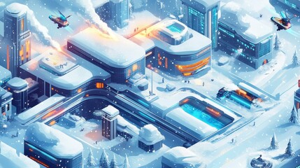 Futuristic Winter Cityscape Snow-Covered Metropolis with Flying Vehicles