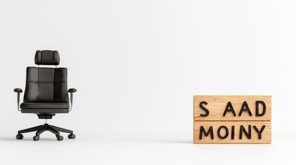 Fototapeta premium A sleek black office chair next to wooden blocks with the words 'S AAD MOINY'.