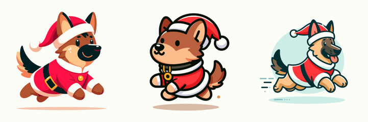 German Shepherd Dog wearing a Santa outfit runs joyfully a minimalist vector graphic depicting a festive canine