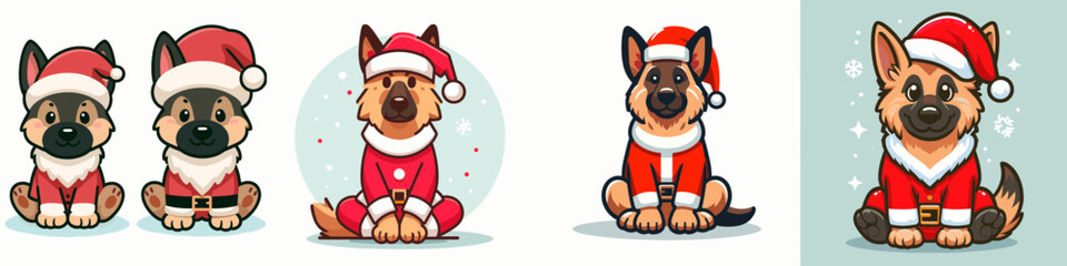 German Shepherd Dog wear Santa outfit Sitting cross-legged vector graphic a festive canine Christmas scene