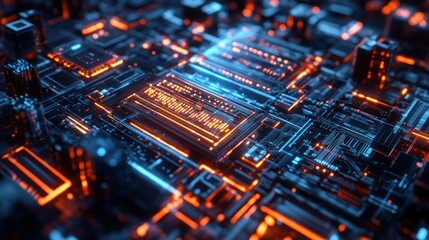 Obraz premium Complex quantum computer circuit board with glowing pathways and intricate design