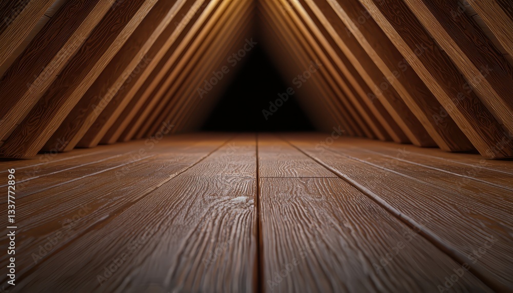 Poster a spacious attic with wooden beams and floor, illuminated by soft light creating warmth.