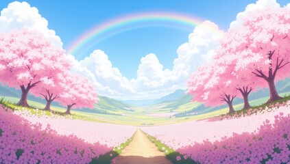 Dreamlike Valley Covered in Pink Cherry Blossoms and Rainbow Sky