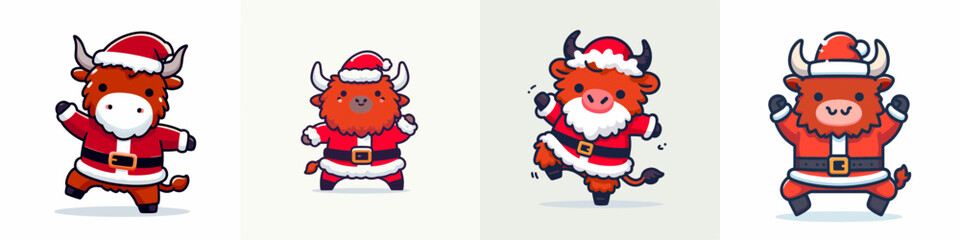 Highland Cow wear Santa Claus Costumes Dancing Grooving joyfully a simple vector outline graphic