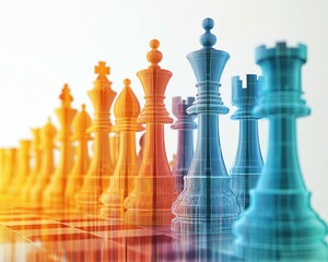 A vibrant array of chess pieces in orange and blue, showcasing a strategic game of intellect and skill. Business life concept