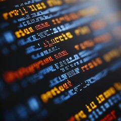 Obraz premium Close up view of computer code on a screen, with lines of colorful text highlighted against a dark background. The focus is shallow, highlighting specific lines of code. 